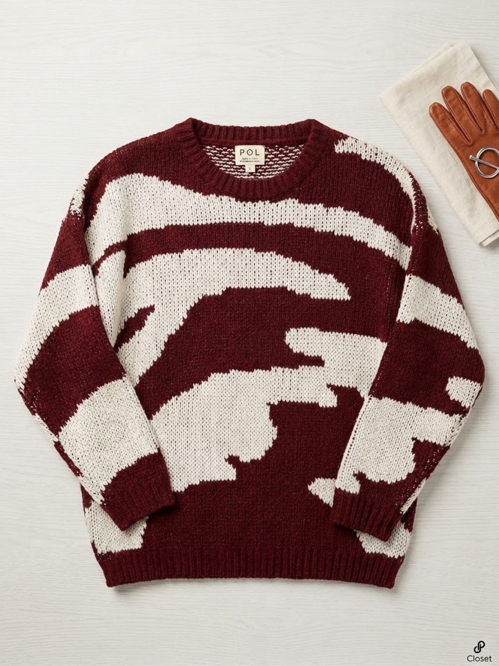 POL Maroon Burgundy and Cream Zebra Animal Print Sweater S NWOT